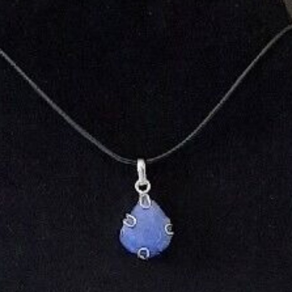 Milky Blue Druzy Quartz Pendant on 20" Black Leather Cord